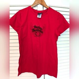 Women's Harley Davidson Red ss tshirt embroidered w/ rhinestones Orlando Florida